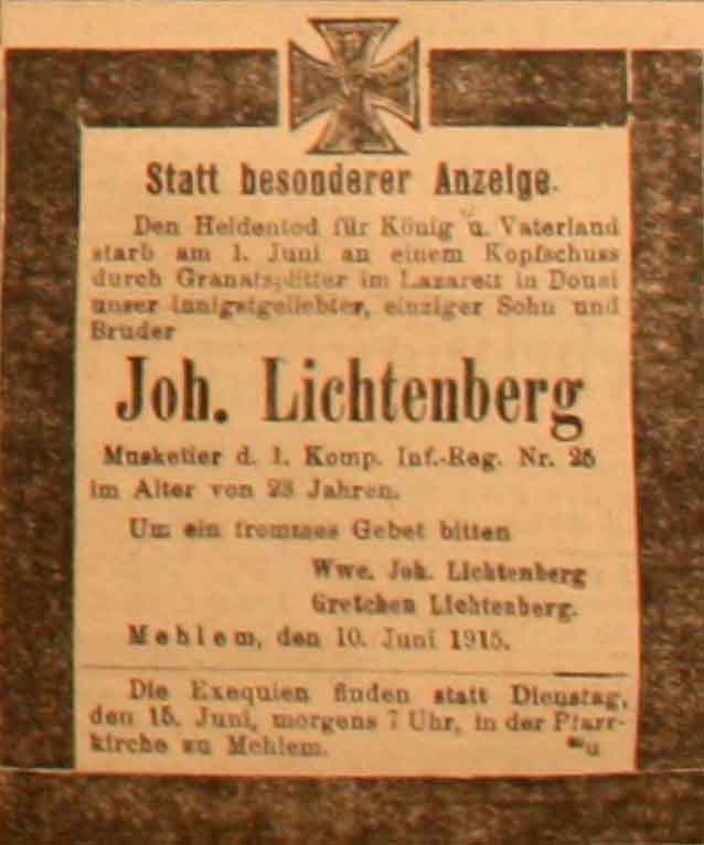 Anzeige in der Deutschen Reichs-Zeitung vom 11. Juni 1915