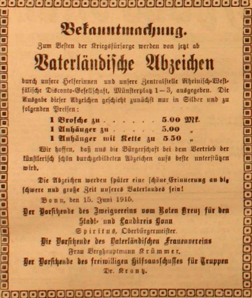 Anzeige in der Deutschen Reichs-Zeitung vom 16. Juni 1915