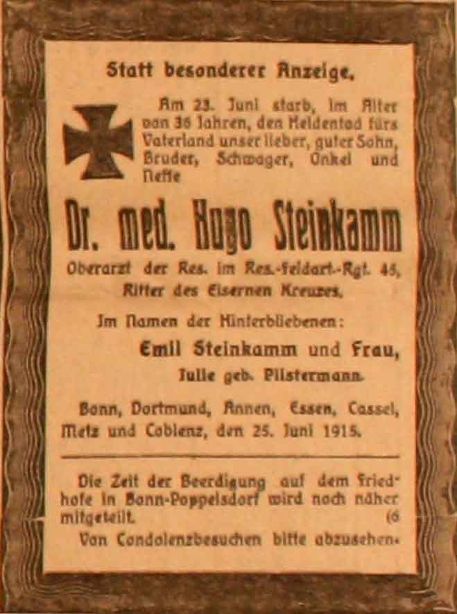 Anzeige im General-Anzeiger vom 26. Juni 1915