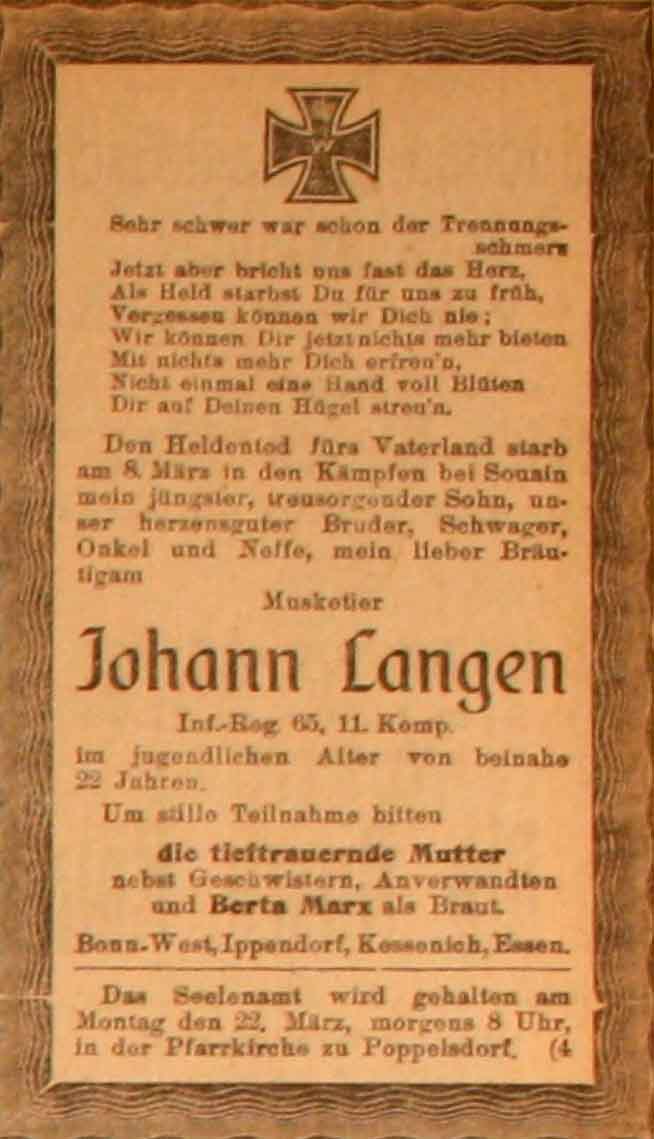 Anzeige im General-Anzeiger vom 18. März 1915