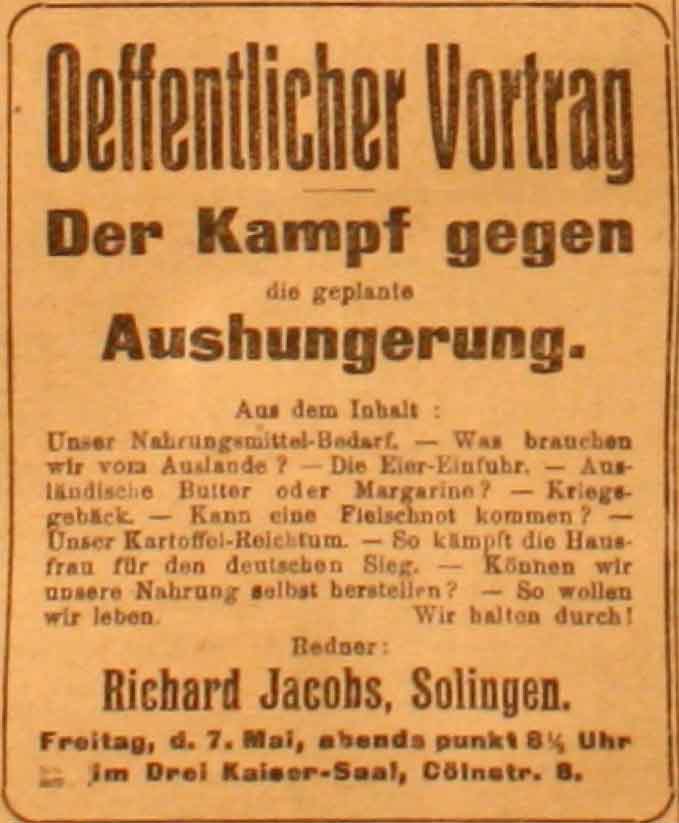Anzeige in der Deutschen Reichs-Zeitung vom 6. Mai 1915