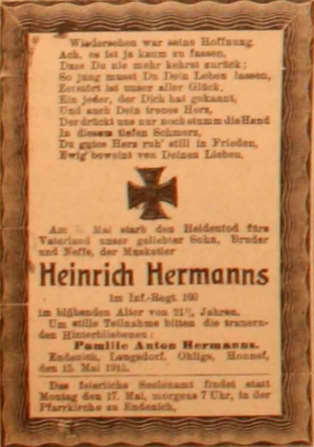 Anzeige im General-Anzeiger vom 15. Mai 1915