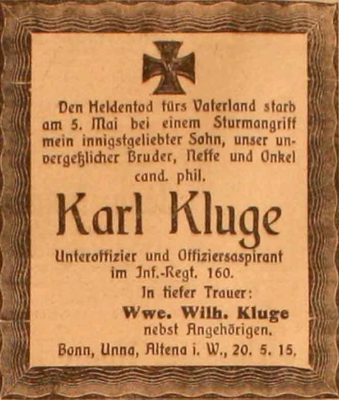 Anzeige im General-Anzeiger vom 20. Mai 1915