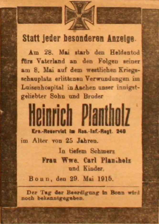 Anzeige in der Deutschen Reichs-Zeitung vom 30. Mai 1915