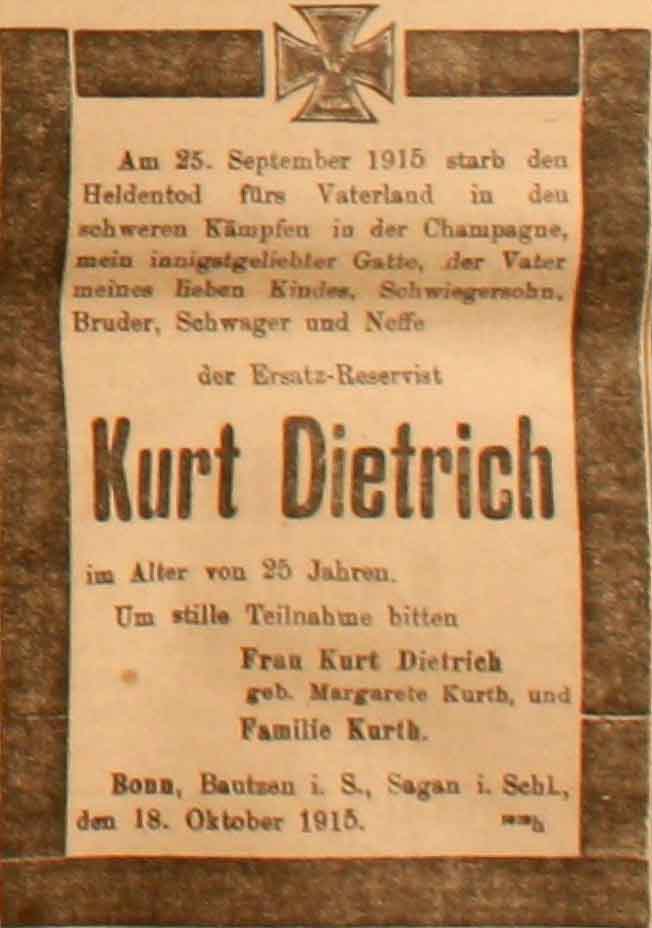 Anzeige in der Deutschen Reichs-Zeitung vom 19. Oktober 1915