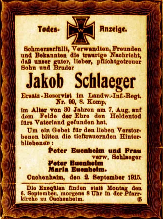Anzeige im General-Anzeiger vom 3. September 1915