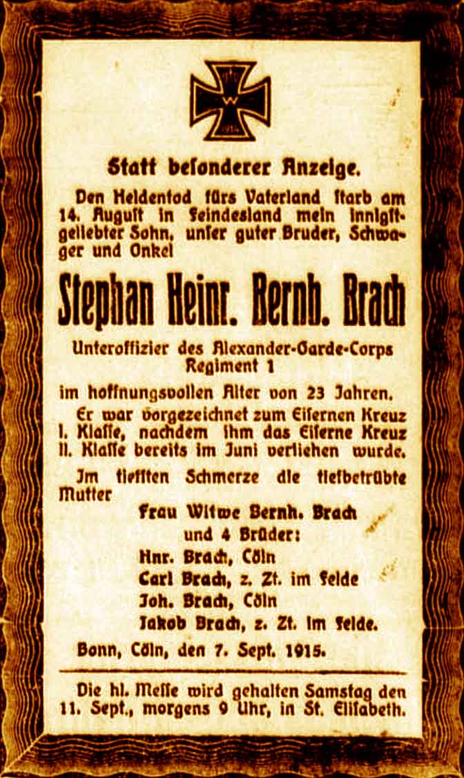 Anzeige im General-Anzeiger vom 7. September 1915