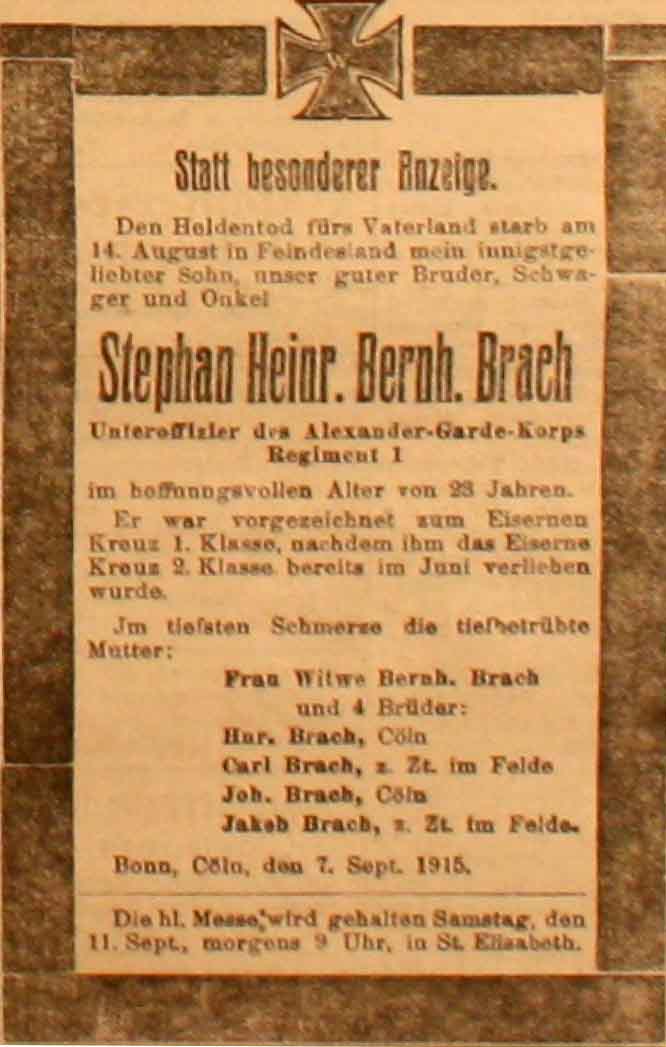 Anzeige in der Deutschen Reichs-Zeitung vom 9. September 1915