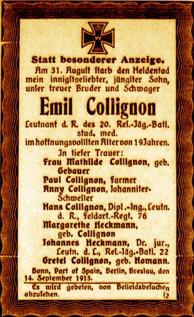 Anzeige im General-Anzeiger vom 14. September 1915