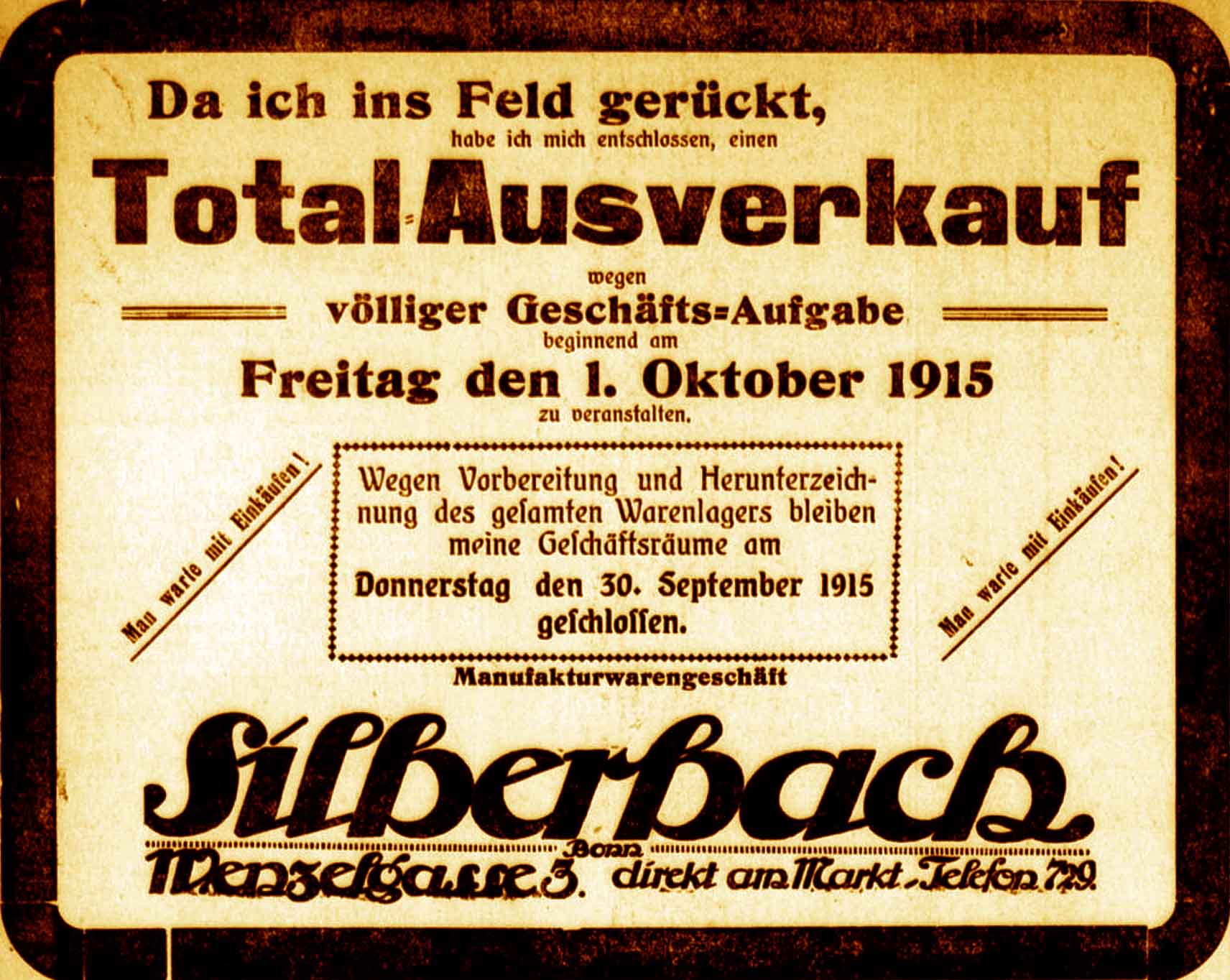 Anzeige im General-Anzeiger vom 29. September 1915