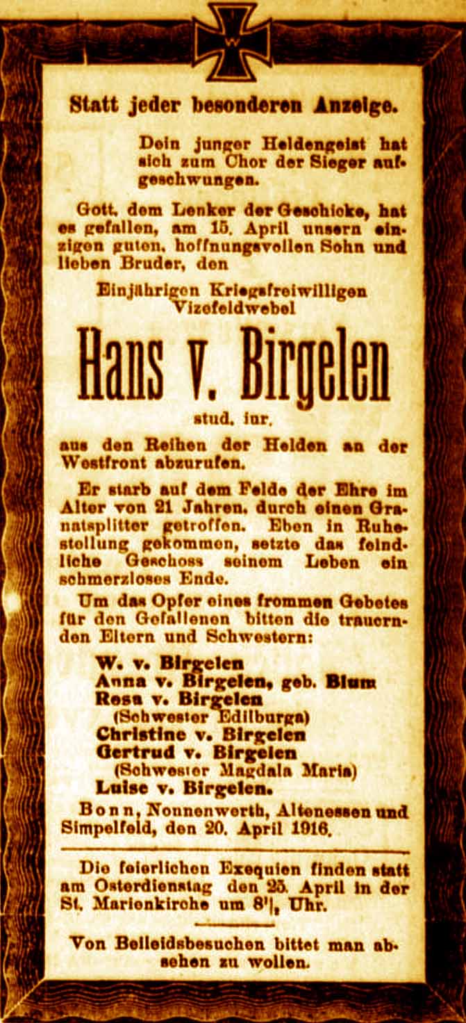 Anzeige im General-Anzeiger vom 21. April 1916