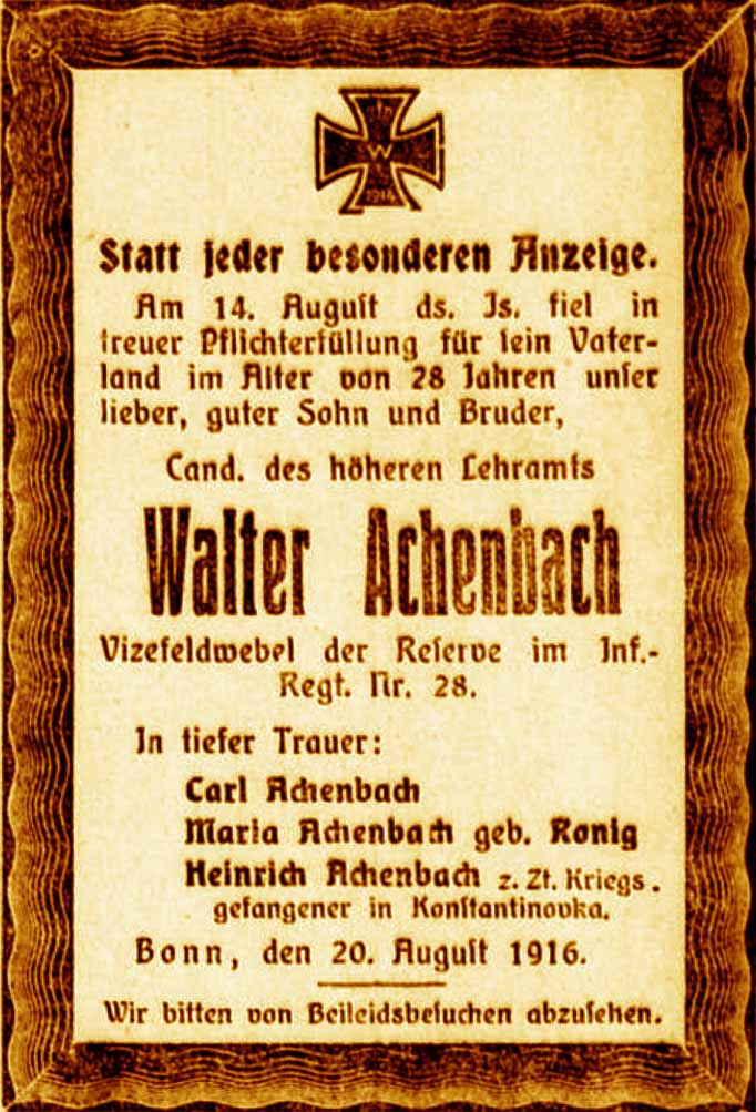 Anzeige im General-Anzeiger vom 22. August 1916