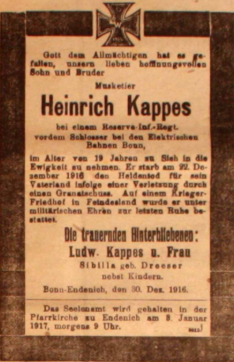 Anzeige in der Deutschen Reichs-Zeitung vom 31. Dezember 1916