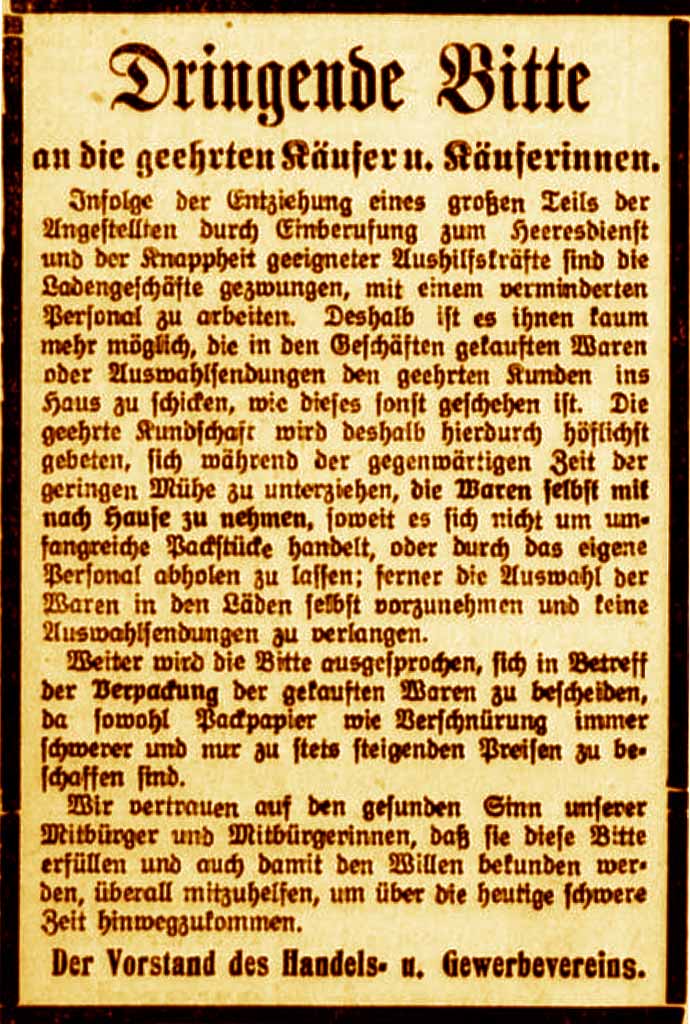 Anzeige im General-Anzeiger vom 16. Februar 1916
