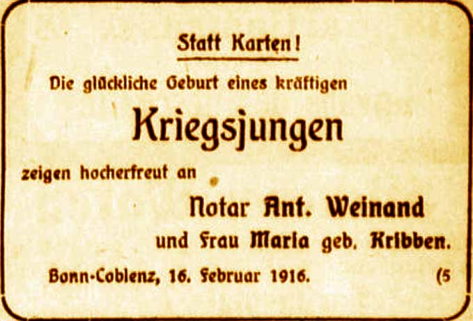 Anzeige im General-Anzeiger vom 18. Februar 1916