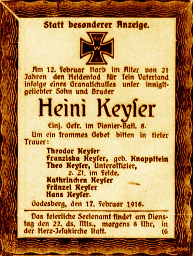 Anzeige im General-Anzeiger vom 19. Februar 1916