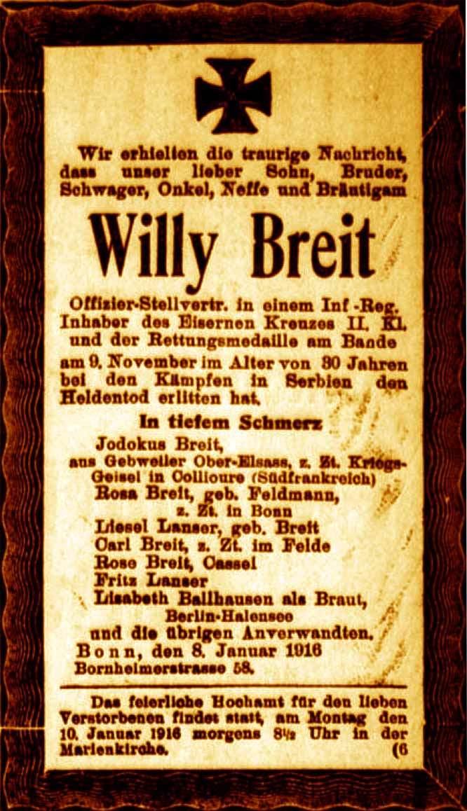 Anzeige im General-Anzeiger vom 8. Januar 1916