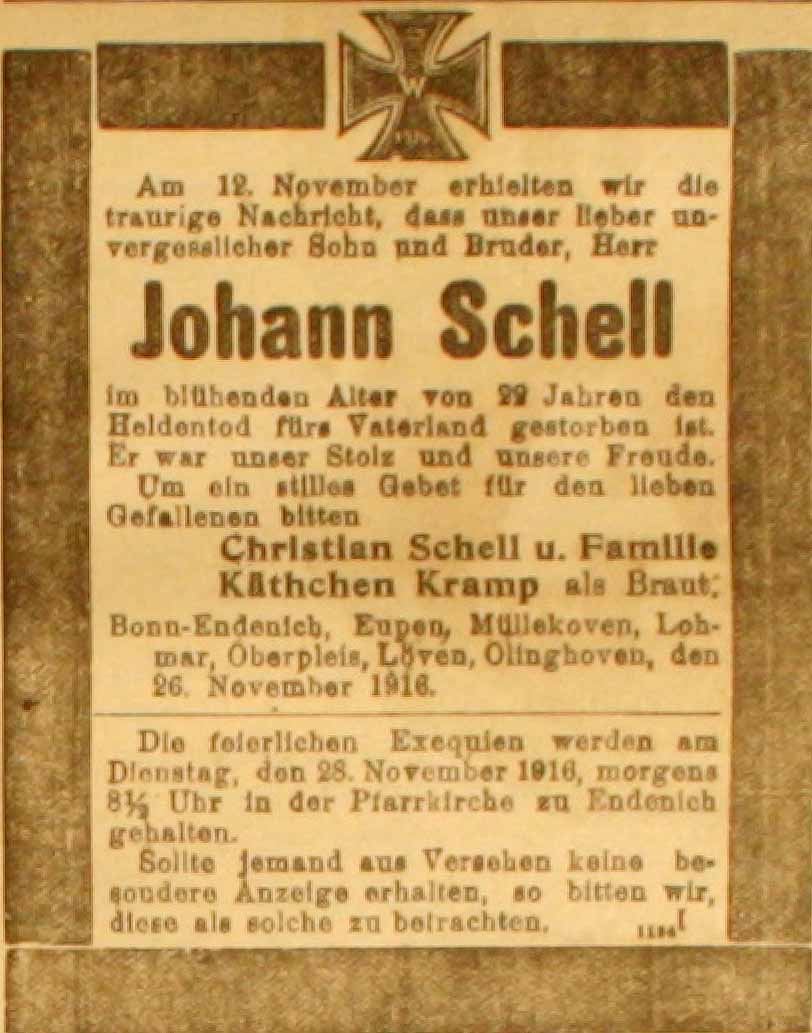 Anzeige in der Deutschen Reichs-Zeitung vom 26. November 1916