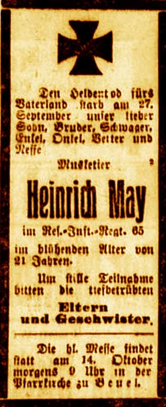 Anzeige im General-Anzeiger vom 10. Oktober 1916