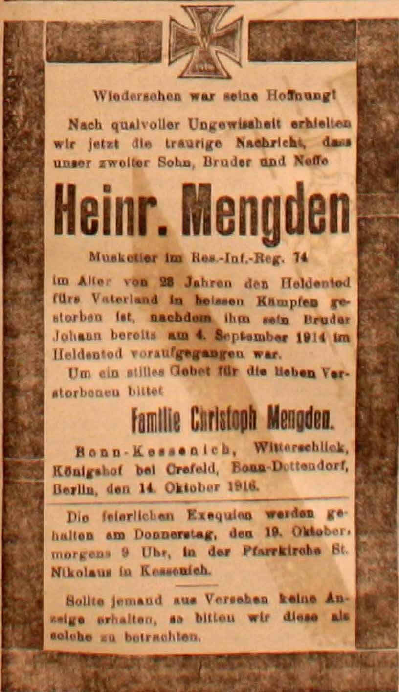 Anzeige in der Deutschen Reichs-Zeitung vom 15. Oktober 1916