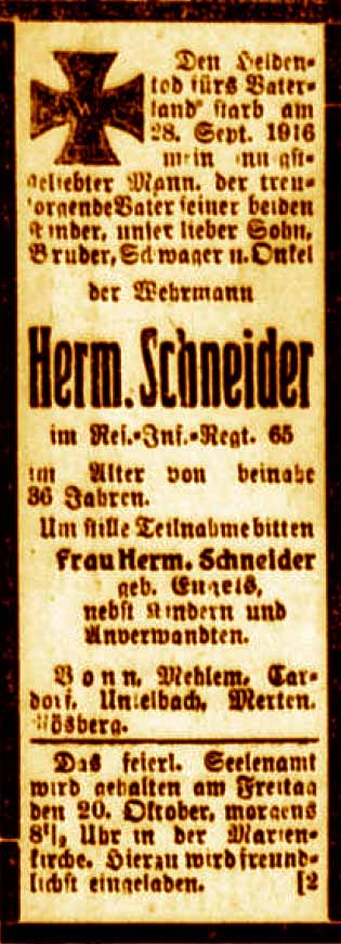 Anzeige im General-Anzeiger vom 17. Oktober 1916