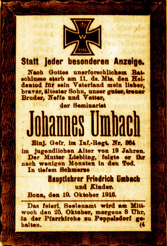Anzeige im General-Anzeiger vom 19. Oktober 1916
