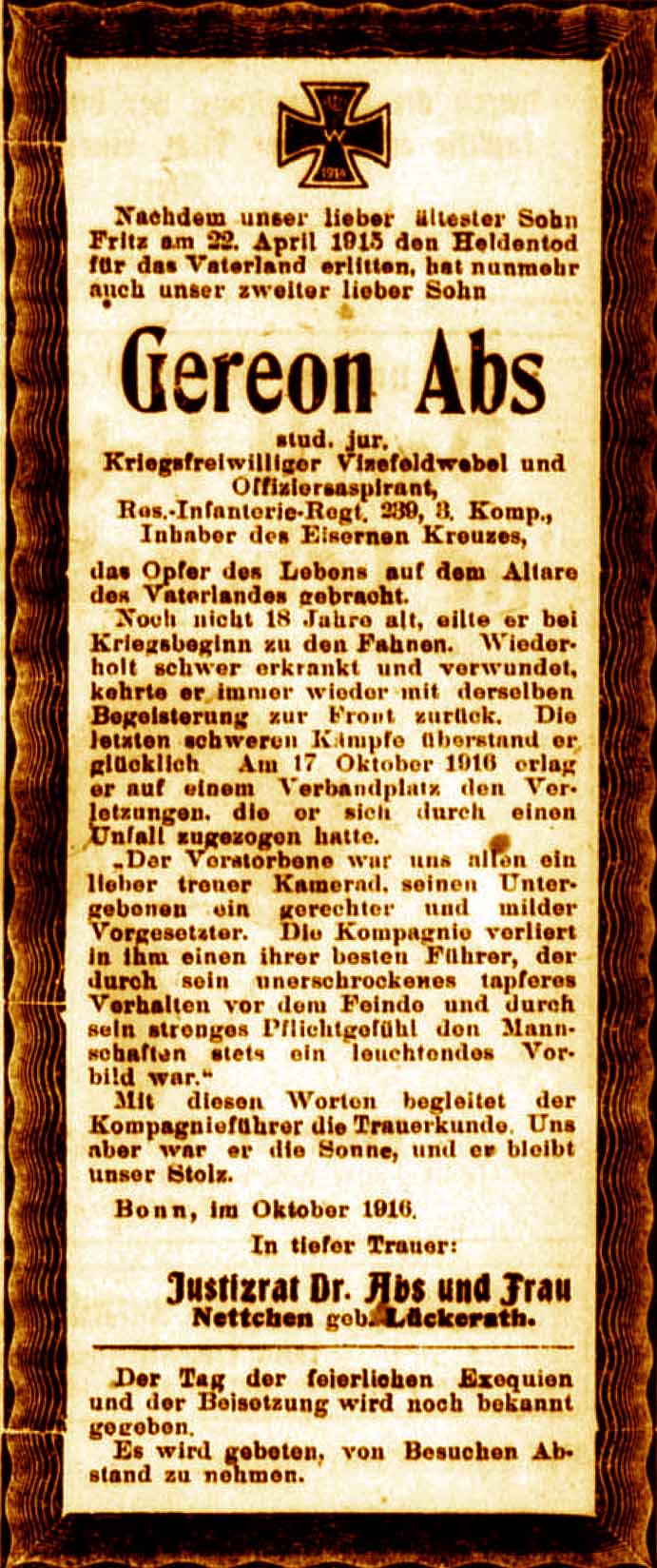 Anzeige im General-Anzeiger vom 24. Oktober 1916