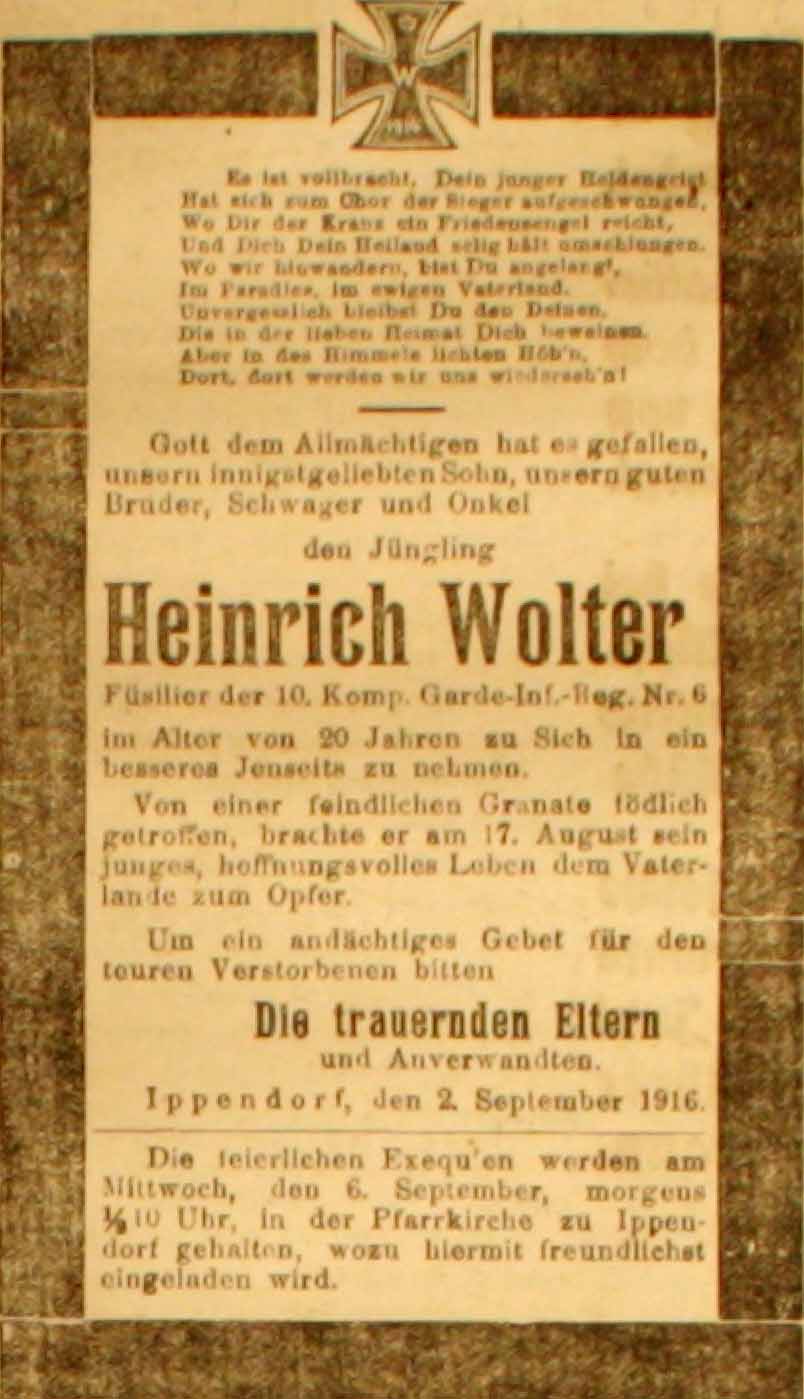 Anzeige in der Deutschen Reichs-Zeitung vom 3. September 1916