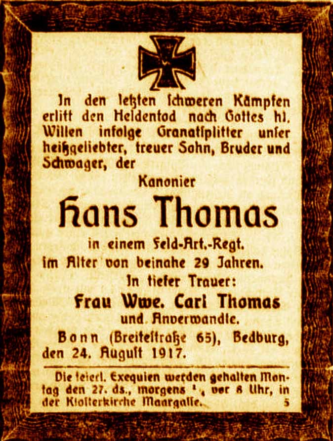 Anzeige im General-Anzeiger vom 24. August 1917