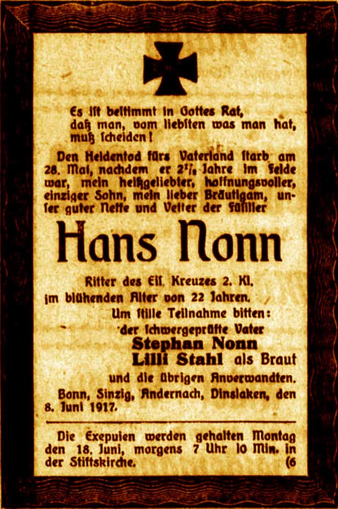 Anzeige im General-Anzeiger vom 9. Juni 1917