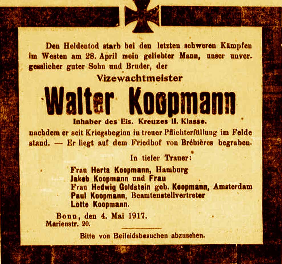 Anzeige in der Bonner Zeitung vom 5. Mai 1917