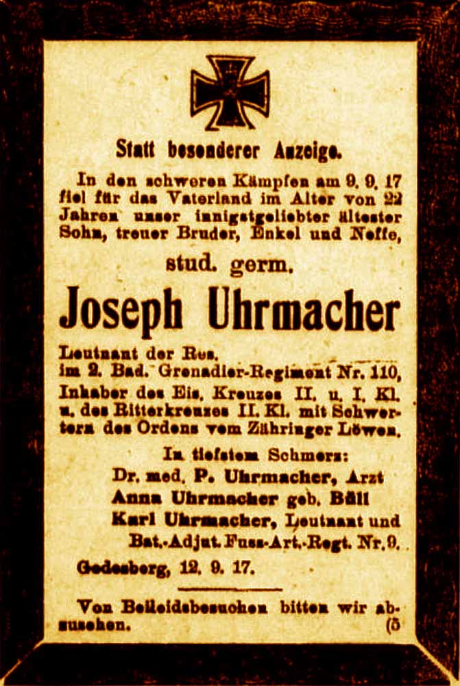 Anzeige im General-Anzeiger vom 14. September 1917