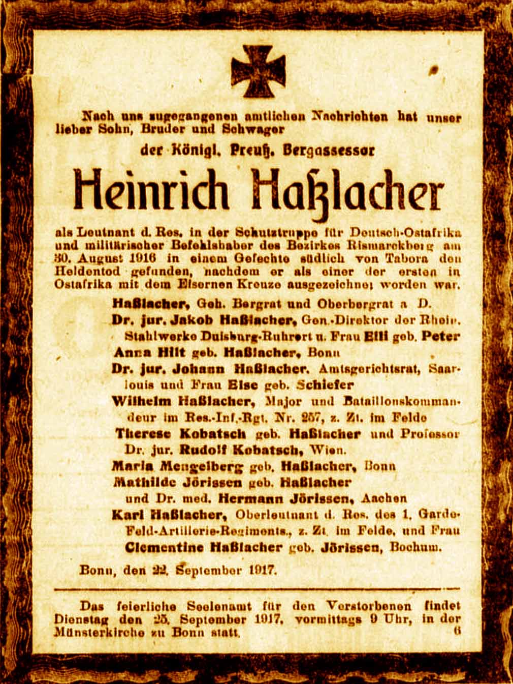 Anzeige im General-Anzeiger vom 22. September 1917