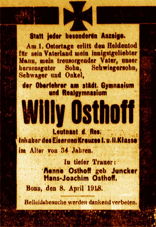Anzeige in der Bonner Zeitung vom 9. April 1918