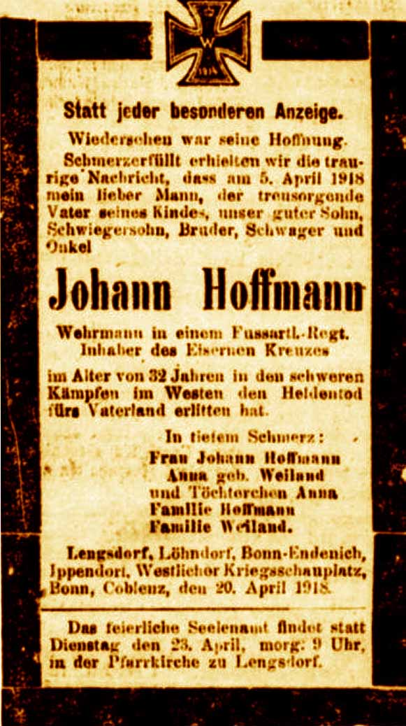 Anzeige in der Deutschen Reichs-Zeitung vom 21. April 1918