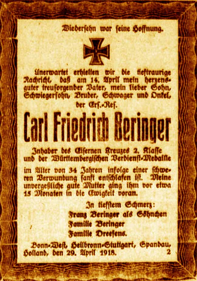 Anzeige im General-Anzeiger vom 30. April 1918