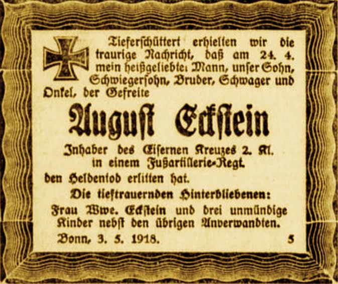 Anzeige im General-Anzeiger vom 3. Mai 1918