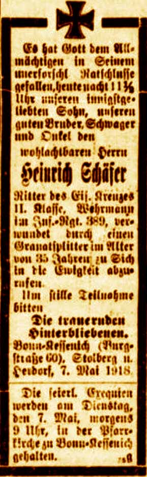 Anzeige in der Deutschen Reichs-Zeitung vom 5. Mai 1918