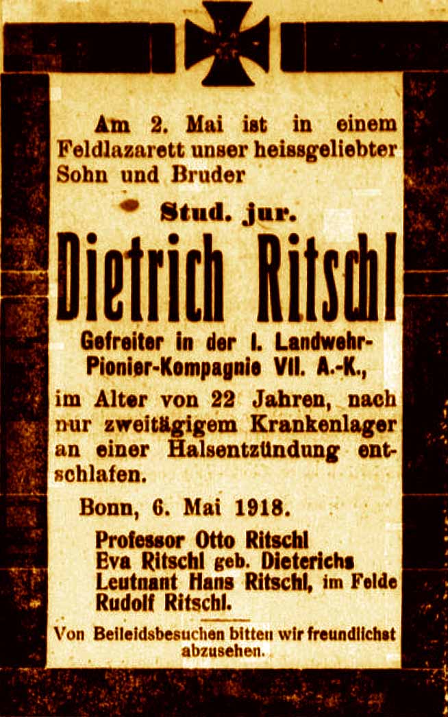 Anzeige in der Bonner Zeitung vom 7. Mai 1918