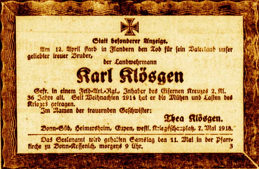 Anzeige im General-Anzeiger vom 8. Mai 1918