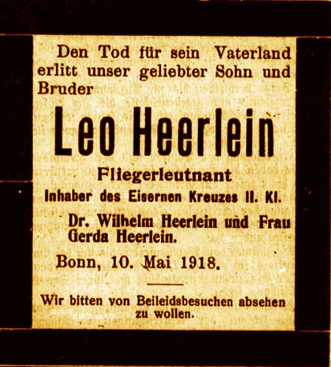 Anzeige in der Bonner Zeitung vom 12. Mai 1918