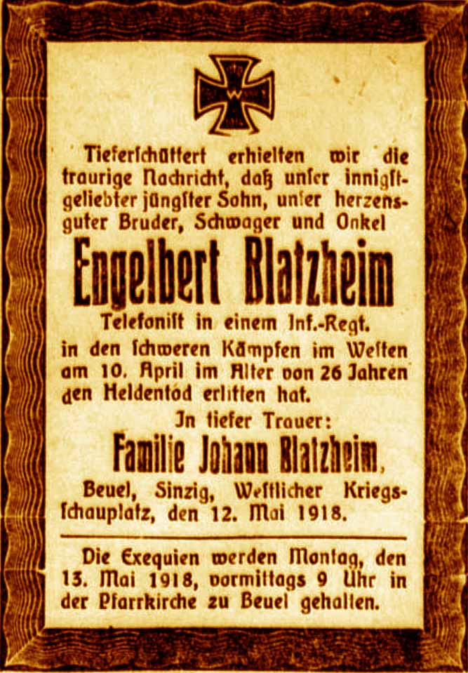 Anzeige im General-Anzeiger vom 12. Mai 1918