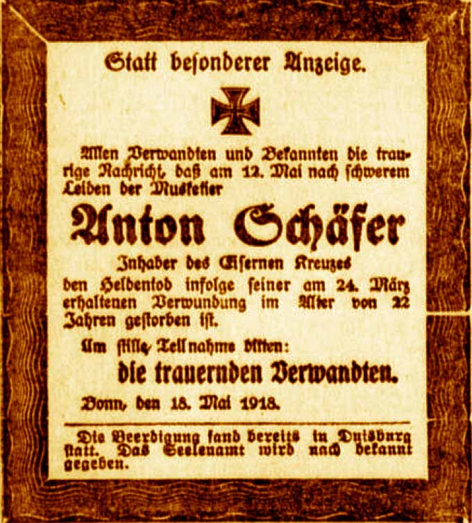 Anzeige im General-Anzeiger vom 19. Mai 1918