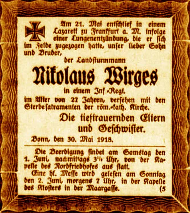 Anzeige im General-Anzeiger vom 31. Mai 1918