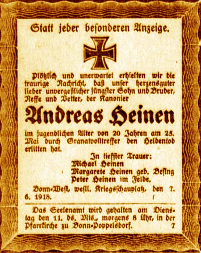 Anzeige im General-Anzeiger vom 9. Juni 1918