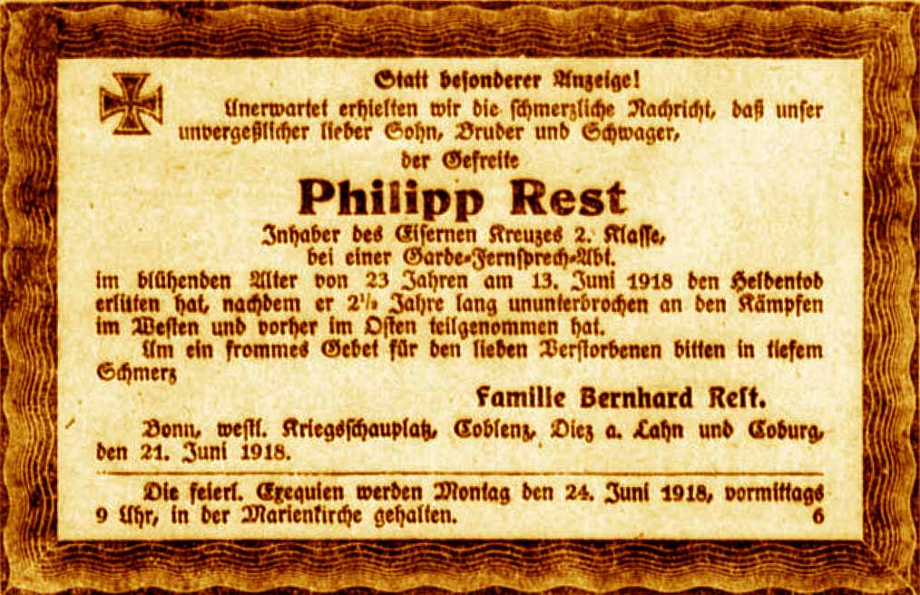 Anzeige im General-Anzeiger vom 22. Juni 1918
