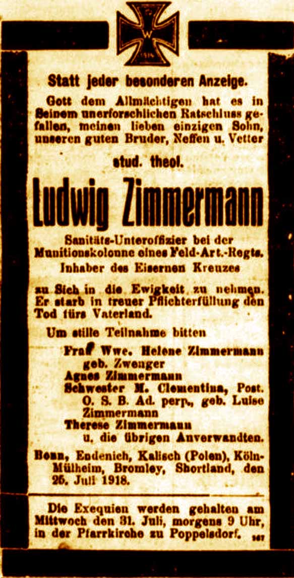 Anzeige in der Deutschen Reichs-Zeitung vom 26. Juli 1918