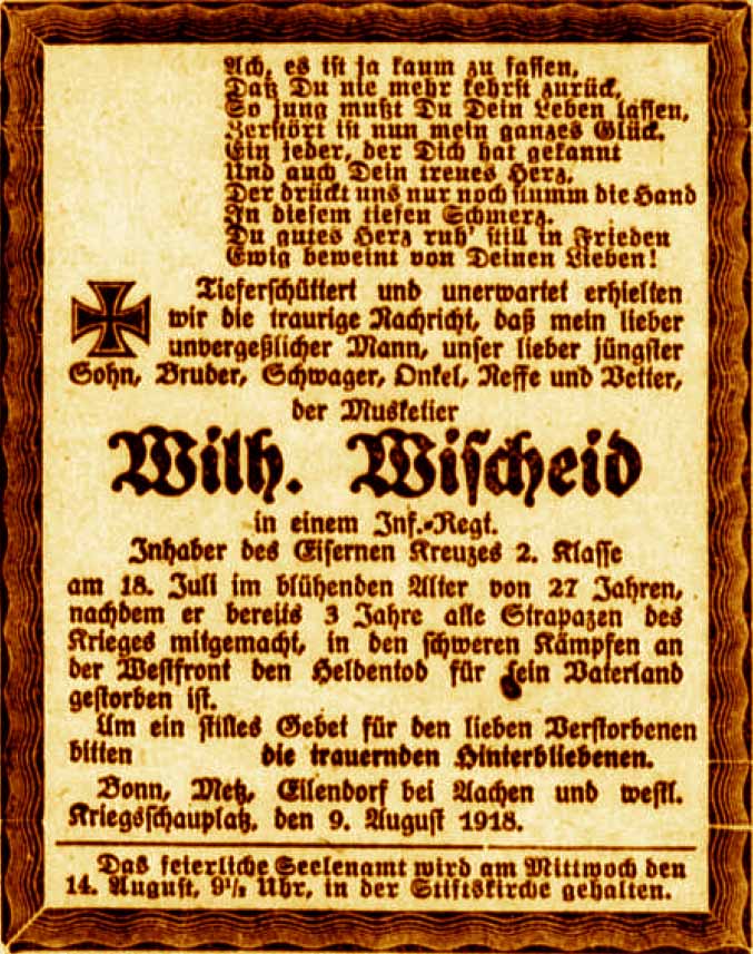 Anzeige im General-Anzeiger vom 9. August 1918