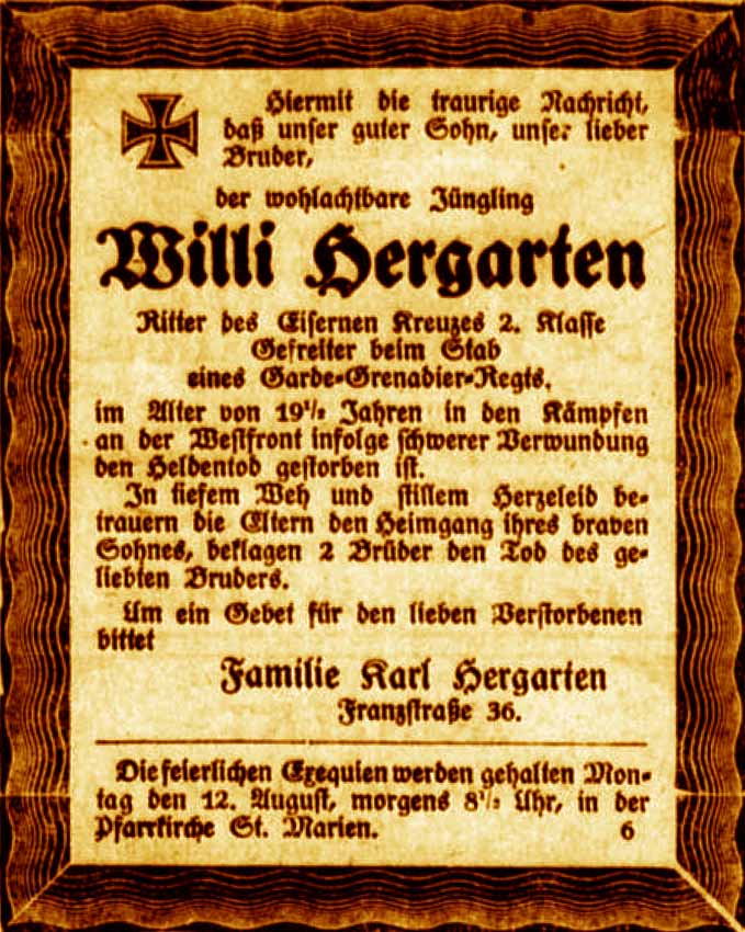 Anzeige im General-Anzeiger vom 10. August 1918