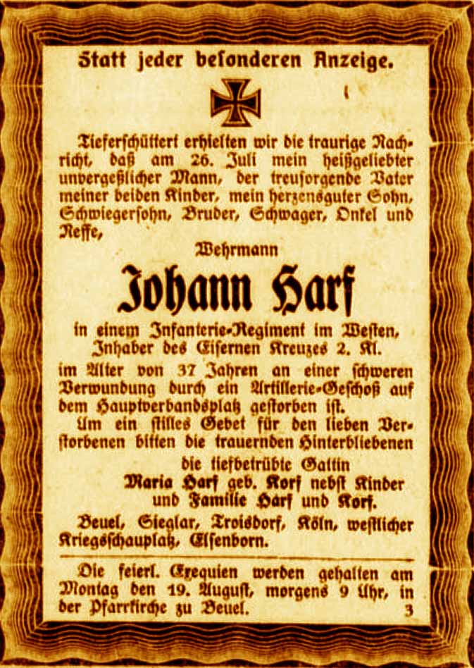 Anzeige im General-Anzeiger vom 14. August 1918